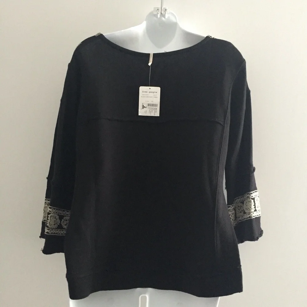 Free People Santa Maria Top Sweatshirt Embroidered Cotton 3/4 Sleeve Pullover XS
